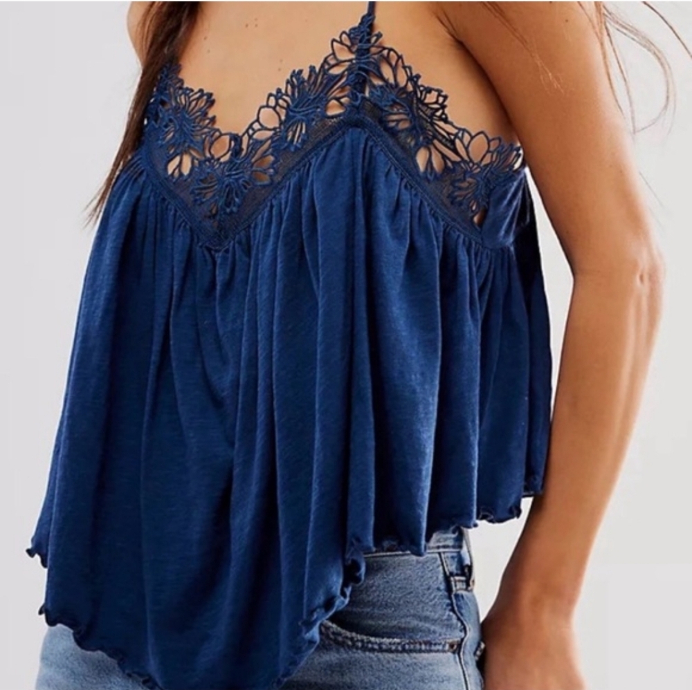 Free People KAYLA Blue Boho Crochet Top Fits Medium/Large